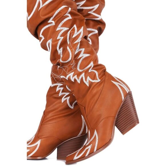 Women Tan Fabric Thigh High Over The Knee Pointed Toe Chunky Heel Fashion Boot - Picture 4 of 6